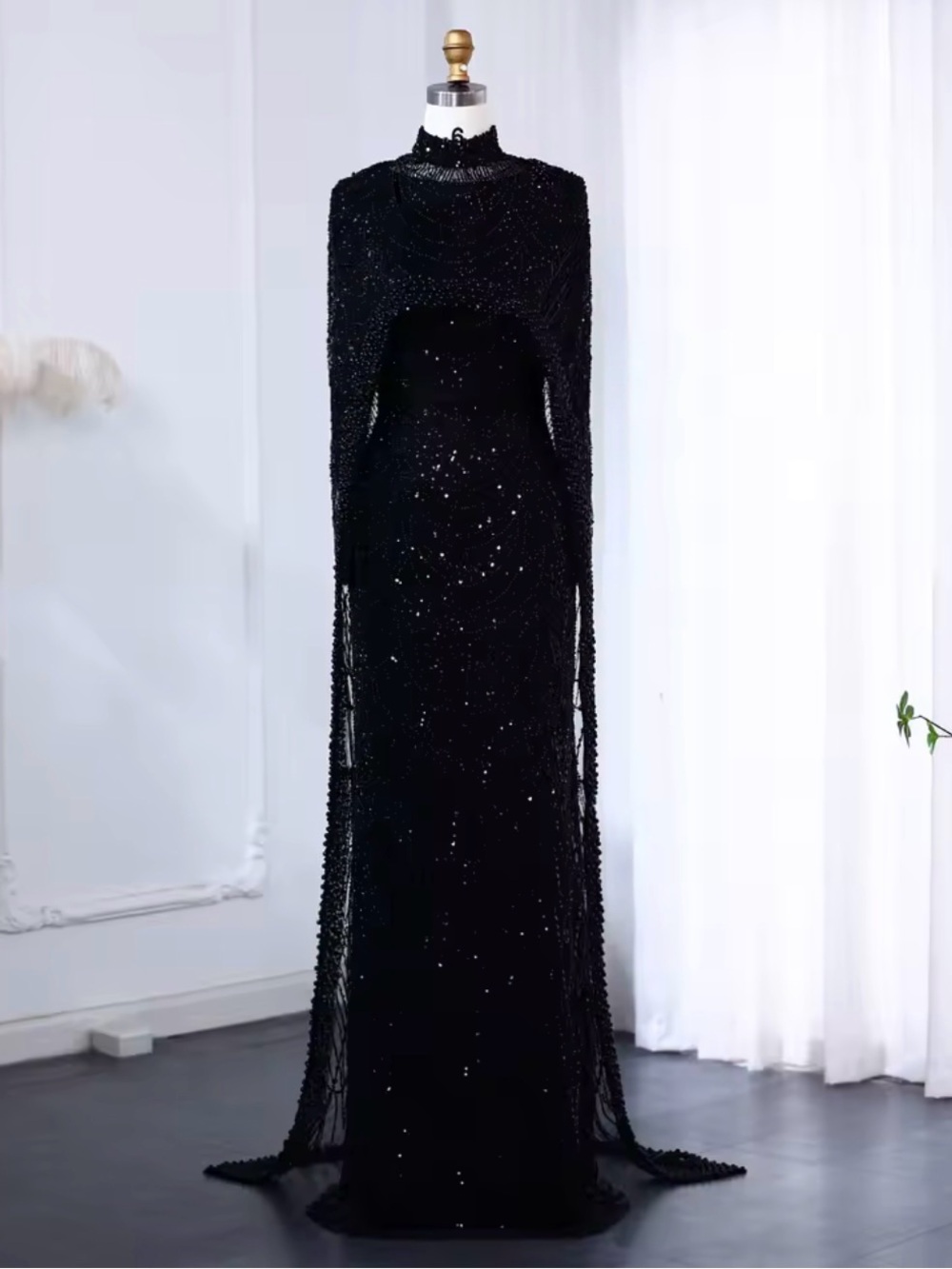 Black Beaded Long Sleeve Evening Gown with Capelet